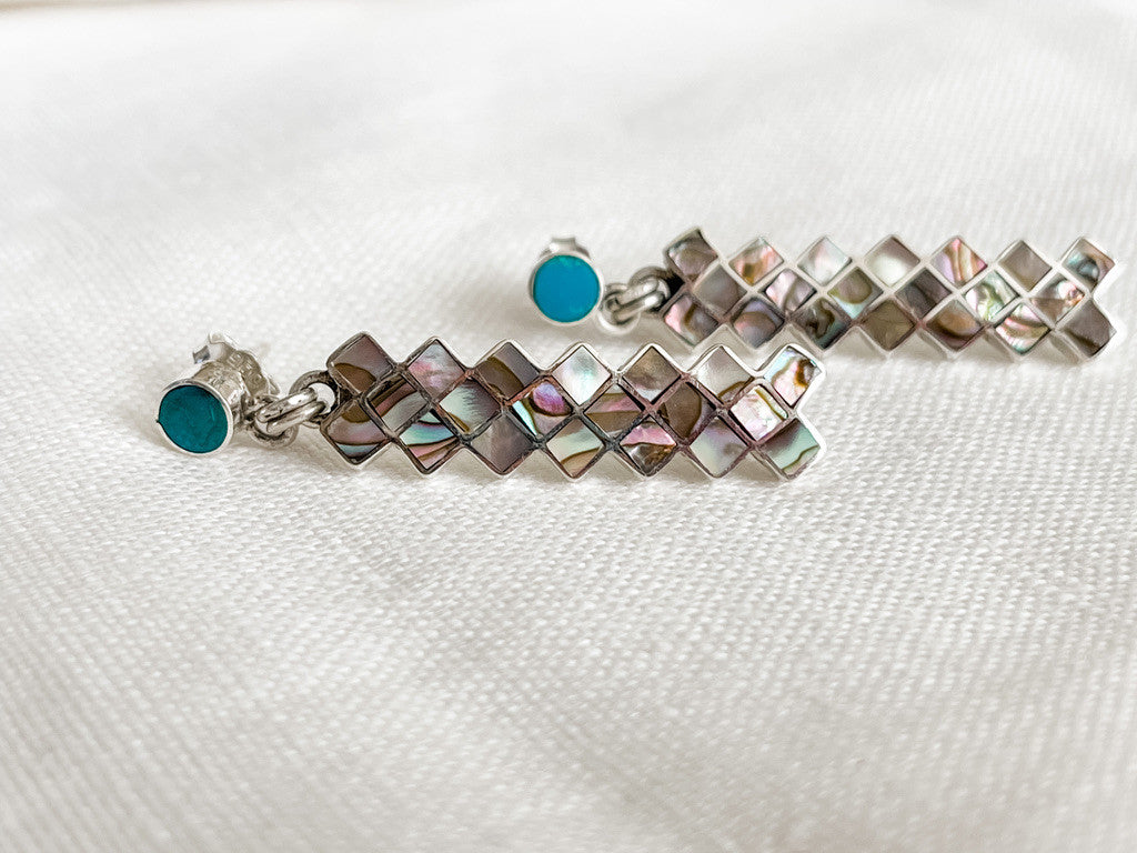 STERLING SILVER ABALONE AND TURQUOISE DROP EARRINGS